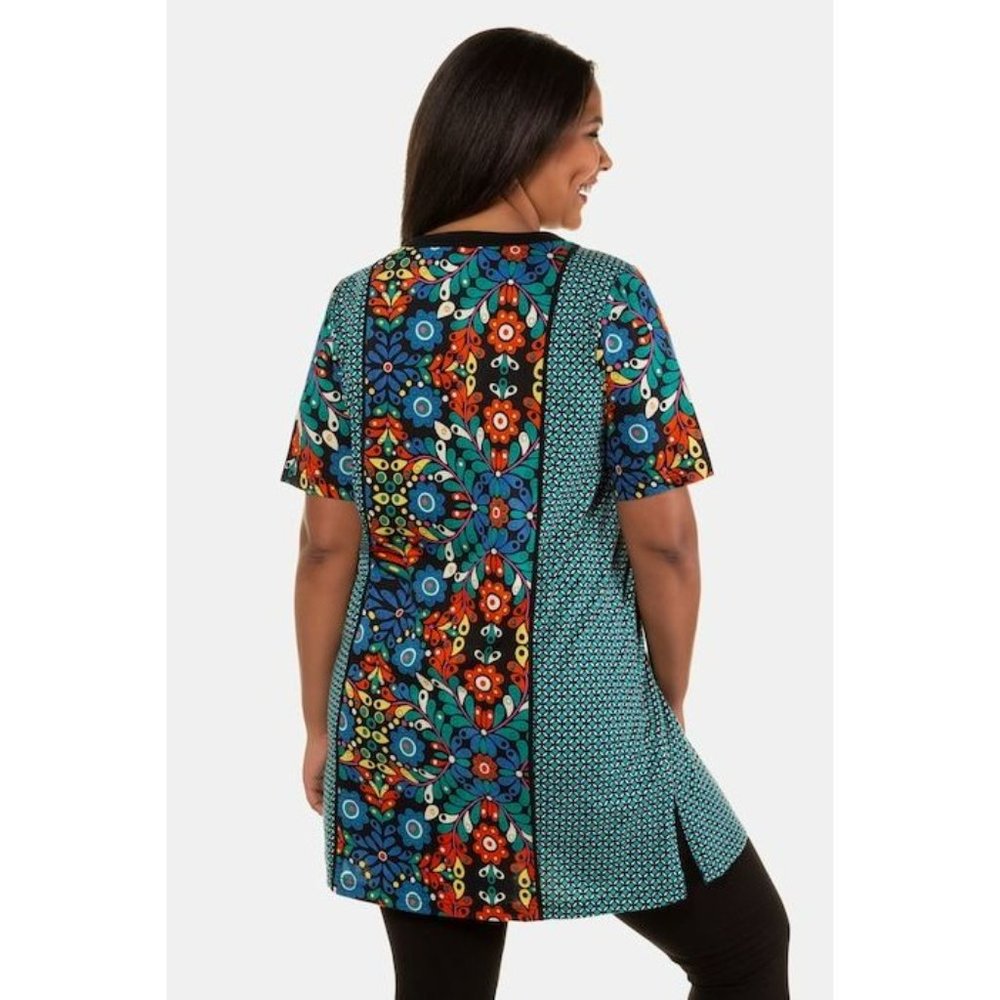 ULLA POCKEN Blue Orange Floral Mixed Print Henley Cotton Knit Tunic Dress 20/22 - Picture 3 of 12